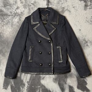 J.Crew Collection Leather Trim Navy Coat Size Womens 6 Long Sleeve Wool